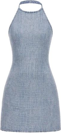 Self Portrait Rhinestone Croc Effect Denim Mini Dress