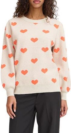 Ichi Heart Pullover Sweater in Oatmeal/Hot Coral at Nordstrom Rack, Size X-Small