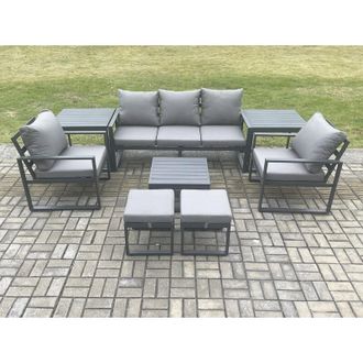 Fimous Fimous Aluminium 7 Seater Outdoor Lounge Sofa Set Garden Furniture Sets with Square Coffee Table 2 Chairs 2 Small Footstools 2 Side Tables Dark Grey
