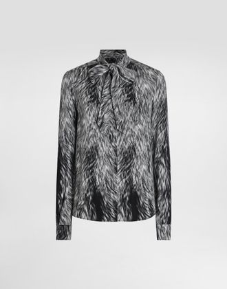 Dolce & Gabbana Fur-print Charmeuse Shirt With Pussy-bow - Woman Shirts And Tops Grey 40