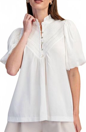 Glam Ruffle Neck Smocked Detail Blouse In White