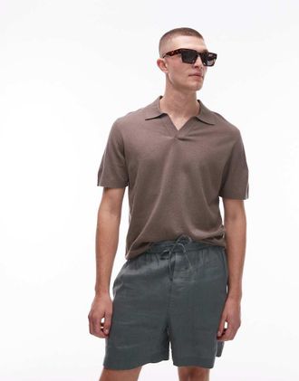 Arket cotton linen knitted short sleeve polo shirt in light brown