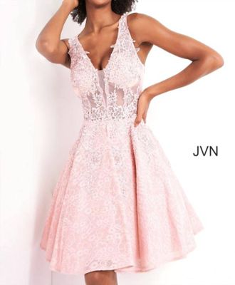 Jovani A Line Short Beaded Lace Cocktail Dress In Pink