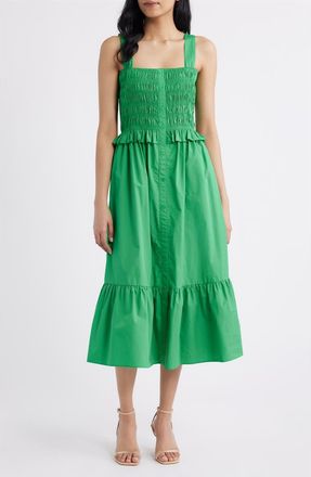 Eliza J Smock Bodice Cotton Midi Sundress in Green at Nordstrom, Size 16