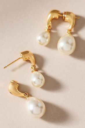 Anthropologie Studio Bride Gilded Asymmetric Pearl Drop Earrings