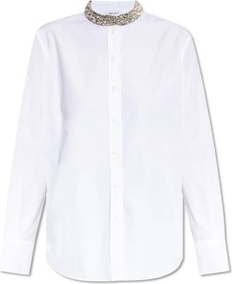 Alexander McQueen Overhemden, Dames, Wit, S, Katoen, Shirt met glinsterende kristallen bij de halslijn