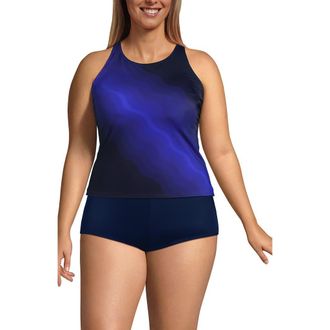 Lands End Plus Size DD-Cup Tugless High Neck Strappy Back Tankini Swimsuit Top in Blue Wavy Ombre at Nordstrom, Size 24W