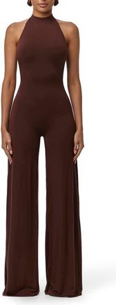 Naked Wardrobe Smooth Halter Wide Leg Jumpsuit in Chocolate at Nordstrom, Size X-Large
