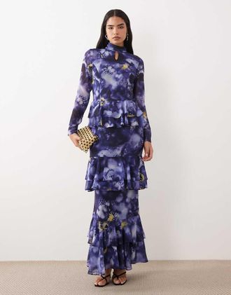 Daska Vestito lungo accollato a balze con apertura a goccia in chiffon viola con stampa astratta-Multi