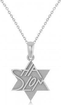 Allurez Jewish Star of David Shalom Pendant Necklace 14K White Gold