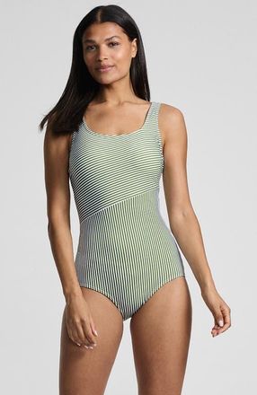 Lands End Tugless Low Leg One Piece Swimsuit in Fusion Green Mini Stripe at Nordstrom, Size 14