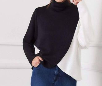 Karen Kane Long Sleeve Crossover Colorblock Top In Black With Ivory