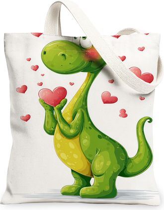 Generic Cute Dinosaur Canvas Tote Bags, Playful Heart Pattern Reusable Grocery Bags, Lightweight Washable Shoulder Strap Canvas for, White, 13x15 Inch