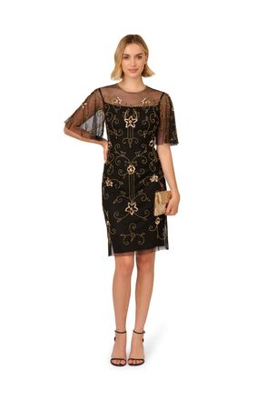 Adrianna Papell Womens Studio Beaded Illusion Neck Dress - Black - Size 8 UK