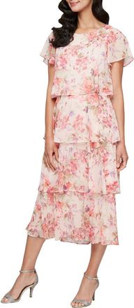S.L. Fashions Tiered Floral Cocktail Midi Dress in Peach Multi at Nordstrom, Size 12P