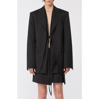 Sportmax Divina Pinstripe Stretch Wool Blend Inset Front Jacket in Black at Nordstrom, Size 14