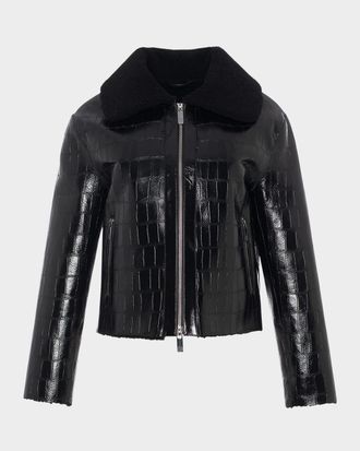Gorski Shearling Lamb Croco Embossed Zip Jacket