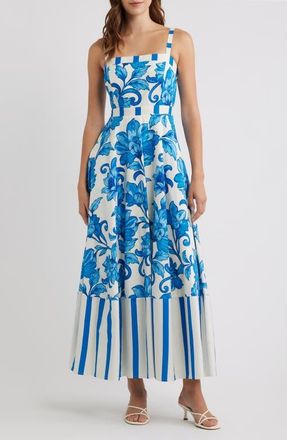 Flying Tomato Floral Print Sleeveless Maxi Dress in White/Blue at Nordstrom, Size Medium