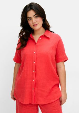 Sheego Hemdbluse SHEEGO, Damen, Gr. 40, rot (hummer), 100% Baumwolle, unifarben, Blusen Hemdbluse
