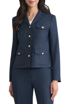 Kasper Houndstooth Check Military Jacket in Blue Night/Black at Nordstrom, Size 10