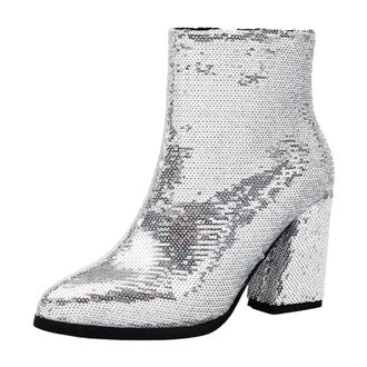 Generic Womens Dressy Ankle Boots Pointed Toe Super High Thick Heel Platform With Side Zipper And Bling Glitter Upper