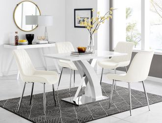 Furniturebox Atlanta White High Gloss & Chrome 4 Seater Dining Table with X Shaped Legs & 4 Soft Velvet Pesaro Chairs in Cream
