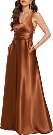 Ever-pretty Women Maxi Dresses Bridesmaid Dress Pleated A-Line Satin Sleeveless Dress with Double V Elegant Evening Dress Copper 18UK