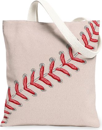 Generic Baseball Stitch Canvas Tote Bags, Sports Pattern Reusable Shopping Bags, Lightweight Washable Shoulder Strap Canvas for Gym, Beige, 13x15 Inch