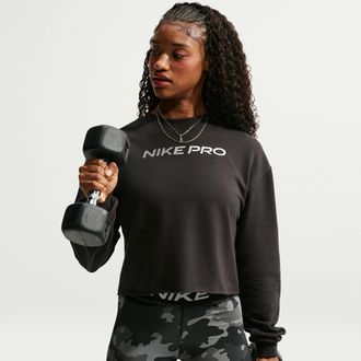 Nike Womens Nike Pro Dri-FIT Crew-Neck French Terry Top in Black | IM9956-010