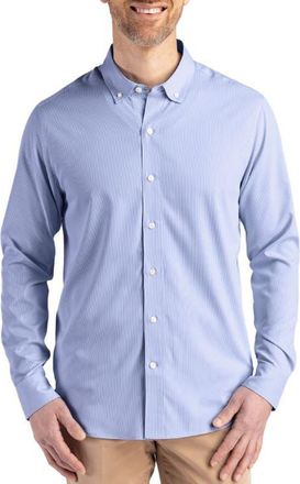 Cutter & Buck Skyline Epic Confidence Stripe Stretch Button-Down Shirt in Tour Blue/white at Nordstrom, Size 4Xlt