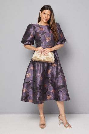 Wallis Womens Occasion Floral Jacquard Puff Sleeve Midi Dress - Purple - Size 14 UK