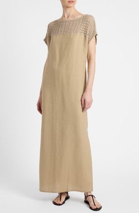 Santorelli Harmony Crocheted Cap Sleeve Linen Maxi Dress in Chai at Nordstrom, Size X-Small
