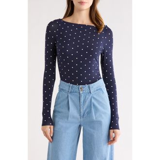 PacSun Shaina Polka Dot Long Sleeve Top in White/Navy at Nordstrom, Size X-Small