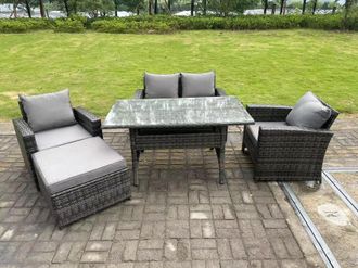 Fimous 5 Seater Outdoor Dark Grey High Back Rattan Sofa Dining Table Set Love Seat Garden Furniture Big Footstool