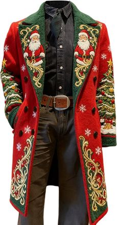 Generic Christmas Jacket For Men Corduroy Mid-Length Xmas Print Casual Trench Coat One Button Warm Durable Comfortable Festive Stylish Holiday Fit With Pocket