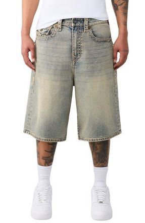 True Religion Mikey Super T Flap Denim Shorts in Crossover Fade Medium Wash at Nordstrom, Size 31