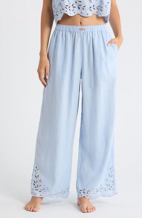 Lunya Embroidered Eyelet Linen Pants in Whisper Blue at Nordstrom, Size X-Large