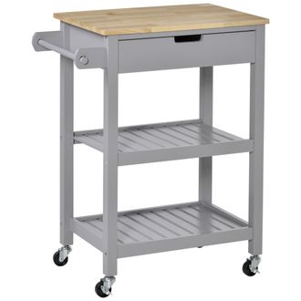 HOMCOM Kitchen Trolley Utility Cart on Wheels with Rubberwood Worktop - Towel Rack - Storage Shelves & Drawer for Dining Room - Grey Worktop Rack - HOMCOM |