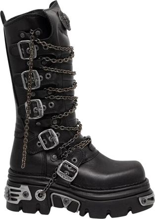 New Rock Chain Wrap Buckle Boot - Dames - Hoge Laarzen - Zwart - 39 EU - Leer - Schoenen