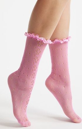 High Heel Jungle Mimi Satin Ruffle Lace Crew Socks in Pink at Nordstrom