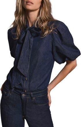 Mint Velvet Puff Sleeve Denim Shirt in Navy at Nordstrom, Size Small