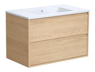Vente-Unique Mueble de baño flotante con lavabo encastrable - Chapado en roble - 80 cm - MILIPAM