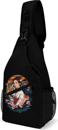 Generic Japanese Kimono Tiger Cherries Flowers Mens Crossbody Chest Sling Bag for Travel Hiking Lightweight Shoulder Bags with Small Side