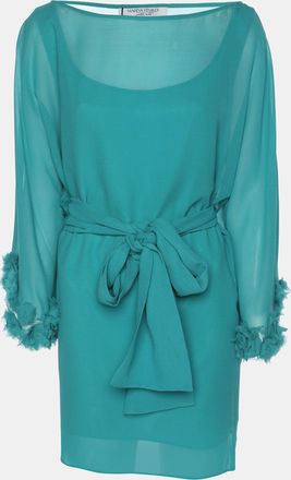 Marina Rinaldi Teal Silk Floral Applique Belted Top