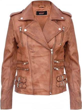 Generic Ladies Retro 100% Nappa Real Leather Biker Jacket Tan Soft Multi Zip Short Coat (as8, alpha, 3x_l, regular, regular)