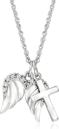 Ross-Simons 14kt White Gold Cross and Angel Wings Pendant Necklace With Diamond Accents