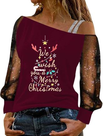 Generic Womens Christmas Long Sleeve Jumper Pullover Off The Shoulder Tops See Sheer Sleeves Xmas Sweatshirt Mery Xmas Reindeer Printed Sizes S-XXL Wine