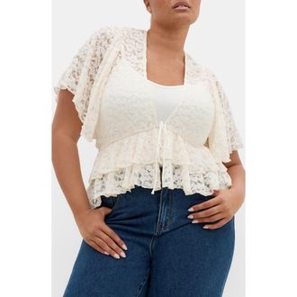 City Chic Lily Sheer Lace Crop Top in Creme at Nordstrom, Size 14W