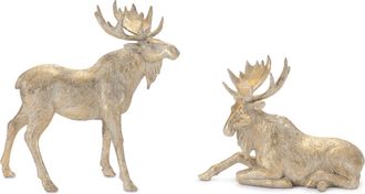 Melrose International Winter Moose Figurine (Set of 2) - Gold, Beige