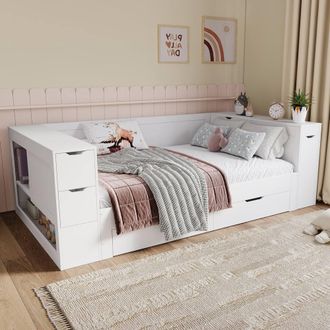 Merax 3ft Single Wooden Childrens Storage Daybed with Bookcase, Drawers in White